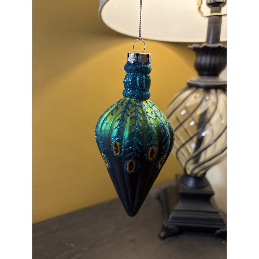 Exquisite Peacock Feather Glass Bulb Glitter Colorful Holiday Ornament 6in